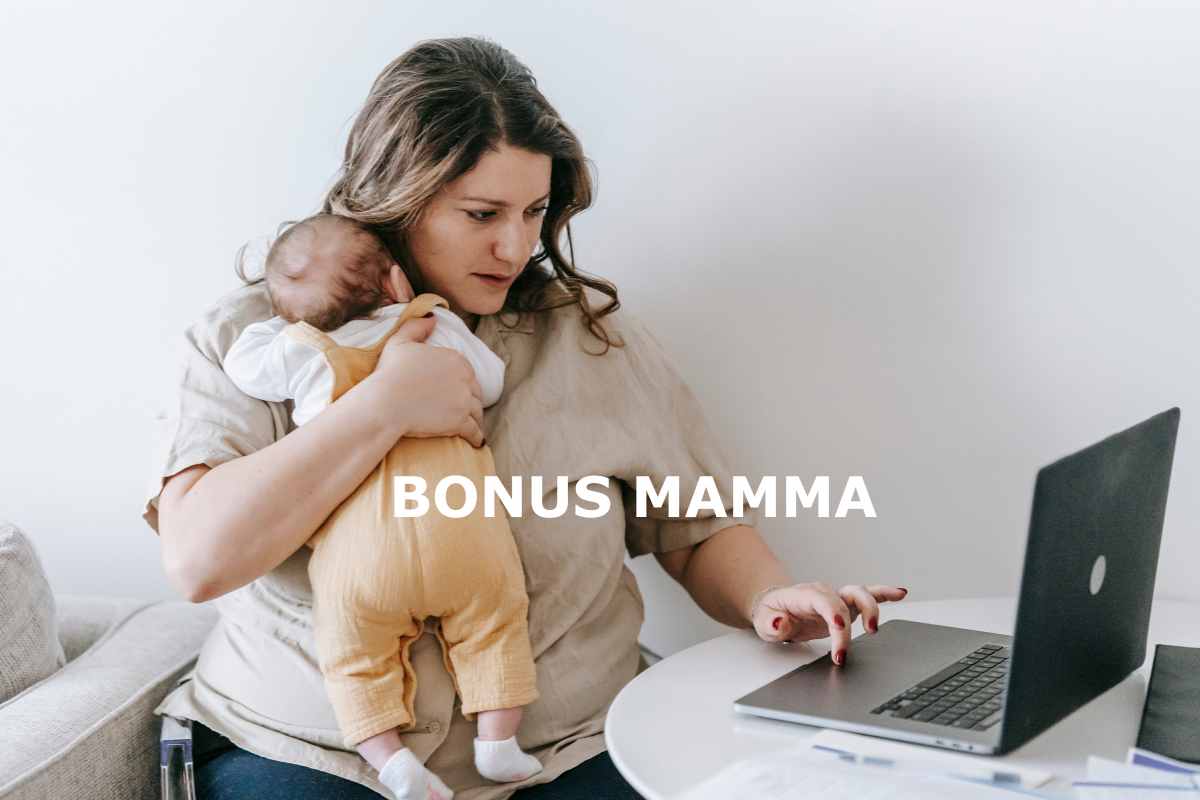 mamma con bambino in braccio al pc, scritta bonus mamma